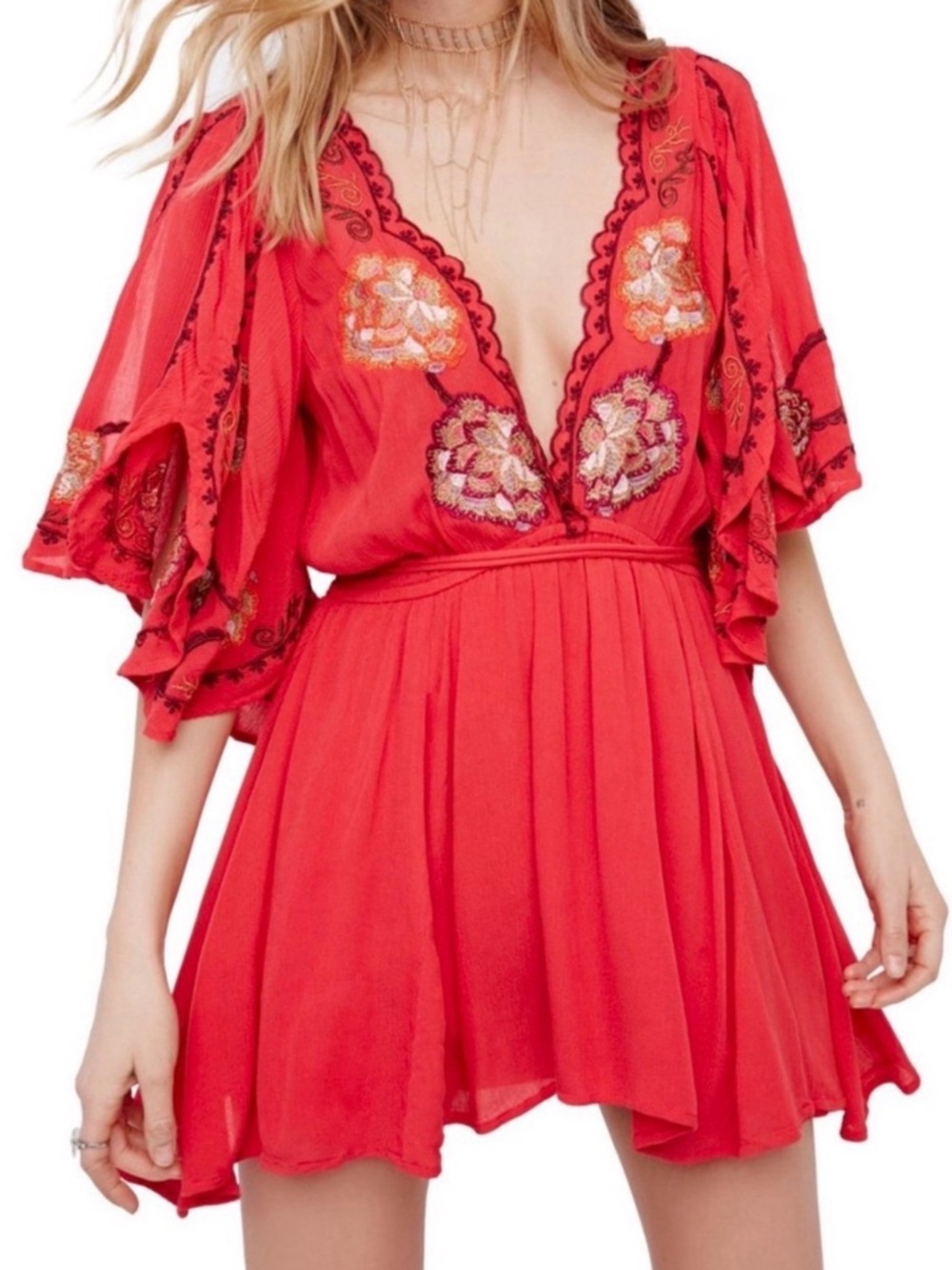 Free People Orange Red Cora Embroidered Tie Waist Boho Mini